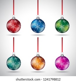 Vector Illustration of Christmas Balls with Snowflake Design and Red Ribbon - Style 6 isolated on a White Background