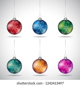 Vector Illustration of Christmas Balls with Snowflake Design and Silver String - Style 4 isolated on a White Background