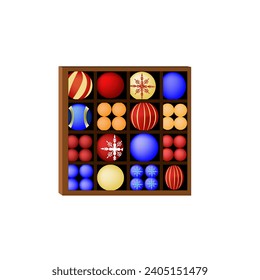 Vector illustration of Christmas balls or Christmas tree toys in a box