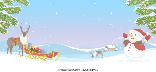 Vector illustration of Christmas banner background. Happy Holidays landscape with fir branches, reindeer and snowman in Santa Claus suit.