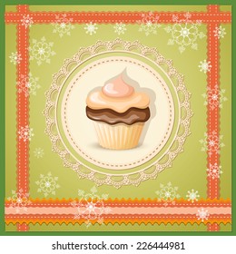 vector illustration christmas banner with cupcake on the green background with snowflakes - eps10