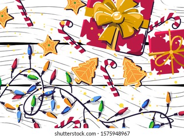 Vector illustration of Christmas banner with Christmas gifts and multicolored garland, Christmas cookies with candy, top view, on white wooden texture