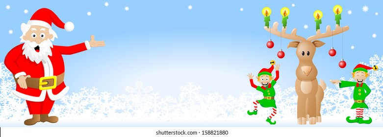 vector illustration of a christmas banner with Santa Claus, elves and reindeer