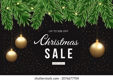 Vector illustration of a Christmas banner. Spruce branches with a garland of lights, confetti and golden balls create a Christmas atmosphere. The banner is added with text.