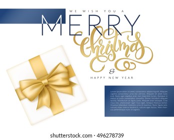 vector illustration of christmas banner with top view of gift with golden ribbon and hand lettering word - christmas.