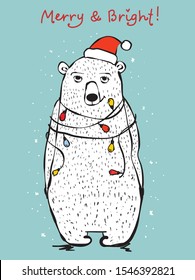 Vector illustration of christmas bear and Christmas and new year greetings. Cute bear with holiday hat