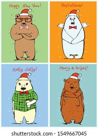 Vector illustration of christmas bear and Christmas and new year greetings. Cute bear with holiday hat