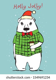 Vector illustration of christmas bear and Christmas and new year greetings. Cute bear with holiday hat