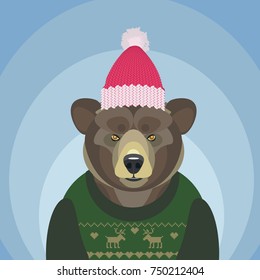 vector illustration of Christmas bear in sweater and hat