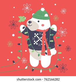 Vector illustration of Christmas bear wearing a beanie and a holiday sweater and stringing fairy lights in the holiday winter chill