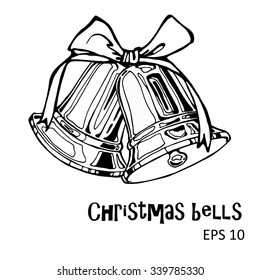vector illustration of Christmas bells with bow; outline hand drawing