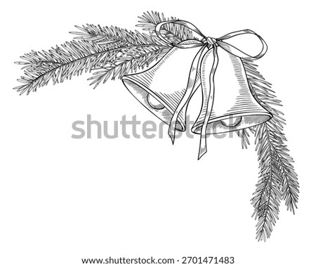 Vector illustration of Christmas Bells with pine branches and ribbon. Linear drawing for festive Xmas greeting cards or New Year invitations. Outline art for wrapping designs or holiday decoration.