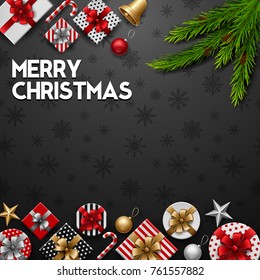 Vector illustration of Christmas black background with gift boxes and fir branches