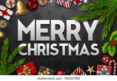 Vector illustration of Christmas black background with fir tree and presents