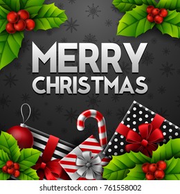 Vector illustration of Christmas black background with gift boxes and holly berry