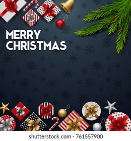 Vector illustration of Christmas blue background with gift boxes and fir branches