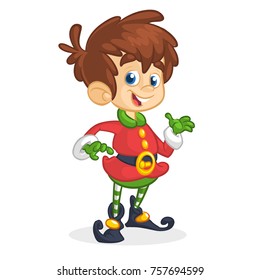 Vector illustration of Christmas boy elf cartoon. Cute Happy Dwarf Santa Helper Presenting