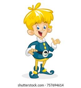 Vector illustration of Christmas boy elf cartoon. Cute Happy Dwarf Santa Helper Presenting