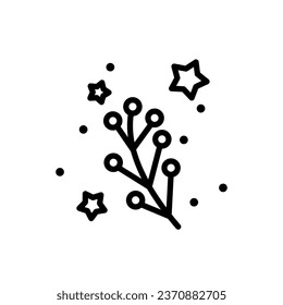 Vector illustration of a christmas branch with berries and stars. Minimal icon in line style for christmas, new year celebration, festive decorations.  Simple design for winter ornaments.