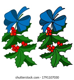 vector illustration, christmas branch with mistletoe berries, ribbon, isolate on a white background