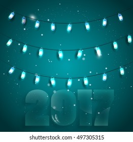 Vector illustration to Christmas with bright lights on a blue background and snowflakes. Glass numbers 2017