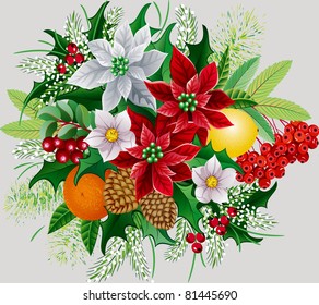 Vector illustration of a christmas bunch with poinsettia, holly, orange, lemon, rowan branch, pine cones and spruce branches