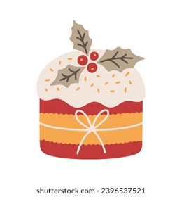 Ilustración vectorial de la tarta navideña. Icono de postre de vacaciones, decorado con hielo, bayas y hojas huecas. Cocina casera de cumpleaños.