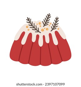 Vector illustration of Christmas cake. Holiday dessert icon, decorated with icing, berries, and fir twigs. Homemade birthday baking.