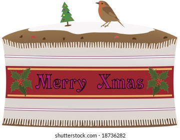 Vector illustration of a Christmas cake in wrapping with tree and robin on top