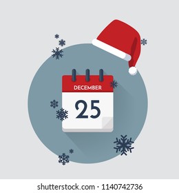 Vector illustration. Christmas calendar icon with snowflakes and hat. Christmas concept.