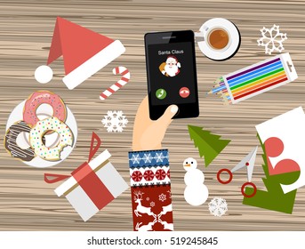 Vector illustration Christmas call from Santa Claus. Avatar Santa on your phone screen