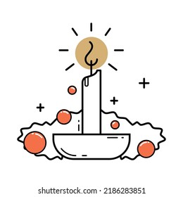 Vector illustration of Christmas candle with balls and sparkles. Graphic clip art for icon, calendar, tags, logo, prints.