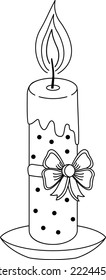 Vector illustration of a Christmas candle. Black and white illustration. Festive illustration with a burning candle decorated with a Christmas bow.  Vector illustration in a fashionable style