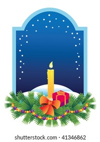 Vector  illustration with a Christmas candle and a present, a branch of spruce with a garland