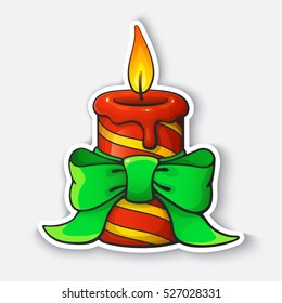 Vector illustration. Christmas candle with ribbon. Cartoon funny sticker in comic style with contour. Decoration for your greeting cards, posters, patches and prints for clothes, flyers, emblems