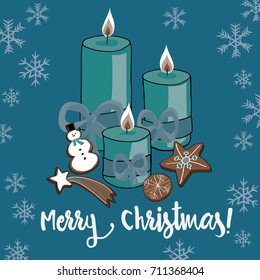 Vector illustration of Christmas candles with cookies on blue background with snowflakes. Merry Christmas