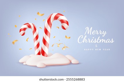 Vector illustration of christmas candy cane in snow on blue background with golden confetti. 3d cartoon style design of red and white striped candy cane with text Merry Christmas and Happy New Year