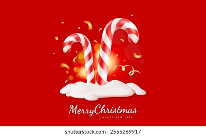 Vector illustration of christmas candy cane in snow on red background with golden confetti and light bokeh. Winter sweet gift. 3d cartoon style design of striped candy cane with text Merry Christmas