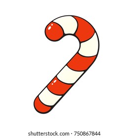 Vector illustration. Christmas candy cane. Santa's stripes cane. Sweet holiday food. Tradition New Year dessert. Sticker in cartoon style with contour. Isolated on white background