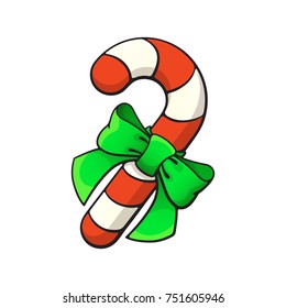 Vector illustration. Christmas candy cane with ribbon bow-knot. Santa's stripes cane. Cartoon with contour. Isolated on white background