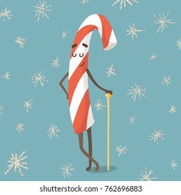 Vector illustration. Christmas candy cane. Cheerful cartoon candy cane postcard design with silver glitter sparkles.