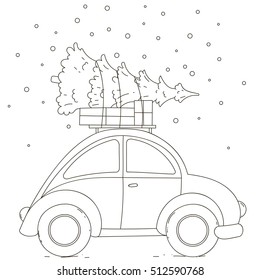 Vector illustration Christmas car. Isolated black contour on a white background. Drawn by hand.
