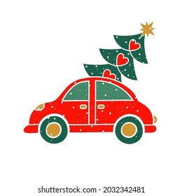 Vector illustration Christmas car. Merry christmas greeting card. illustration of vintage red car with xmas pine tree gift on roof. EPS10 vector.