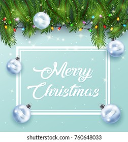 Vector illustration of Christmas card background with fir branches and pine cones