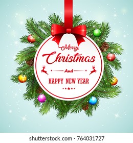 Vector illustration of Christmas card background with fir branches and pine cones