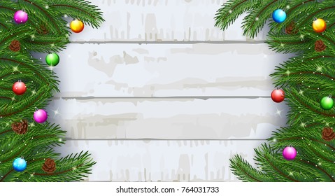 Vector illustration of Christmas card background with fir branches and pine cones