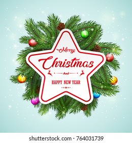 Vector illustration of Christmas card background with fir branches and pine cones