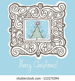 Vector Illustration For Christmas Card With Big Vintage Picture Frame, Chrismas Tree And Text 