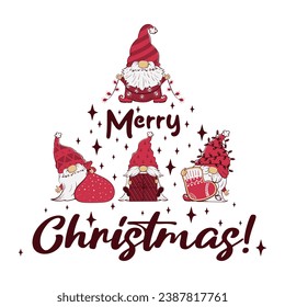 Vector illustration of a Christmas card with cartoon gnomes and Merry Christmas lettering. ready-made greeting card template.