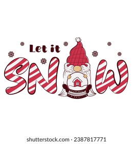 Vector illustration of a Christmas card with cartoon gnomes and the inscription let it snow. ready-made greeting card template
